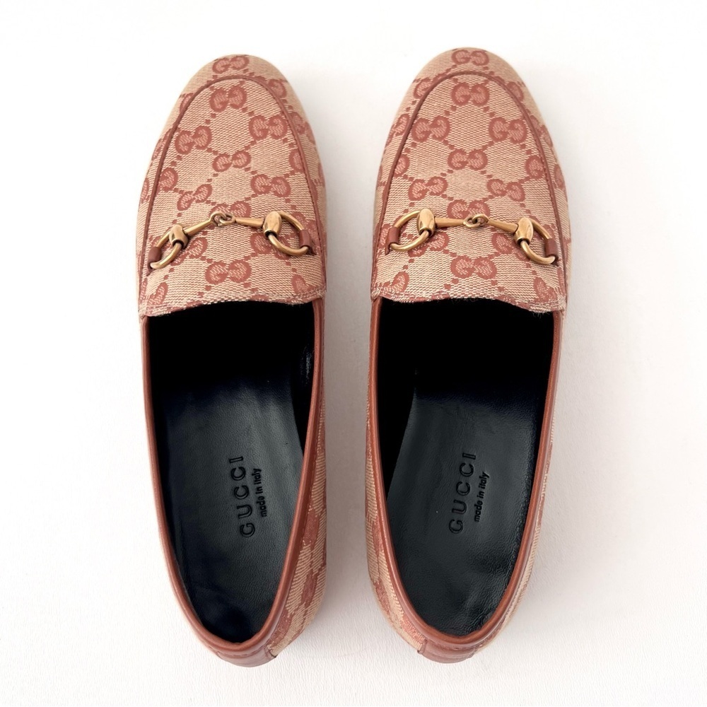 GUCCI || Jordaan Horsebit GG Monogram Canvas Loafer Flat Beige Rust Brown New 6 - Picture 6 of 13